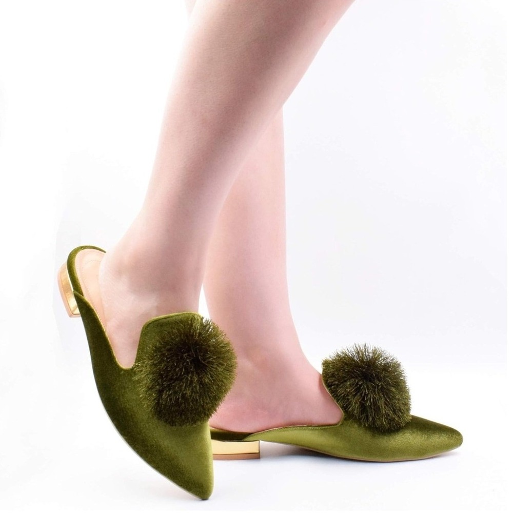 Fericzot Olive Green Velvet Pom Pom Pointed Toe Mules Gold Heel Womens Size 11